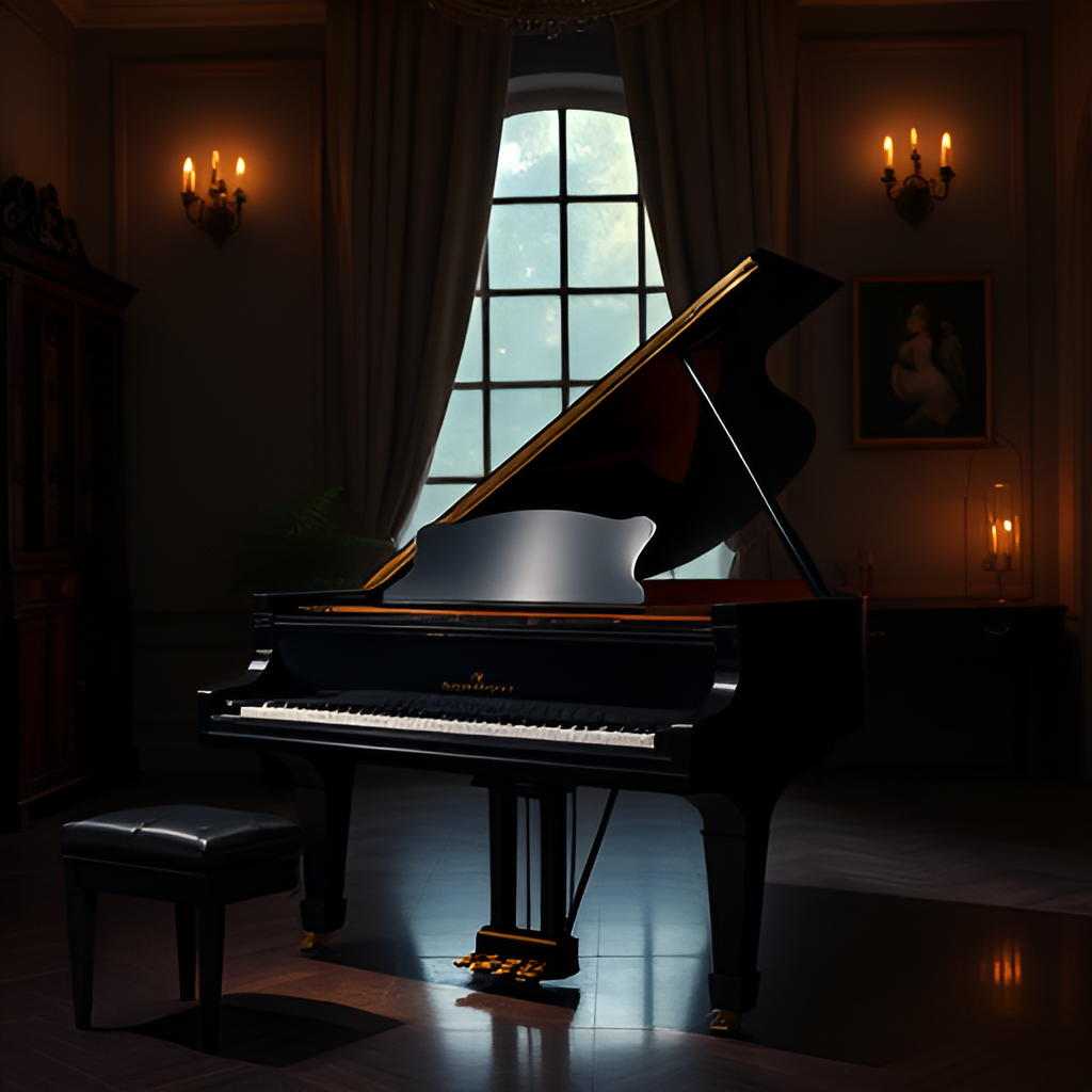 Close-up of piano keys in a dark, atmospheric setting.
